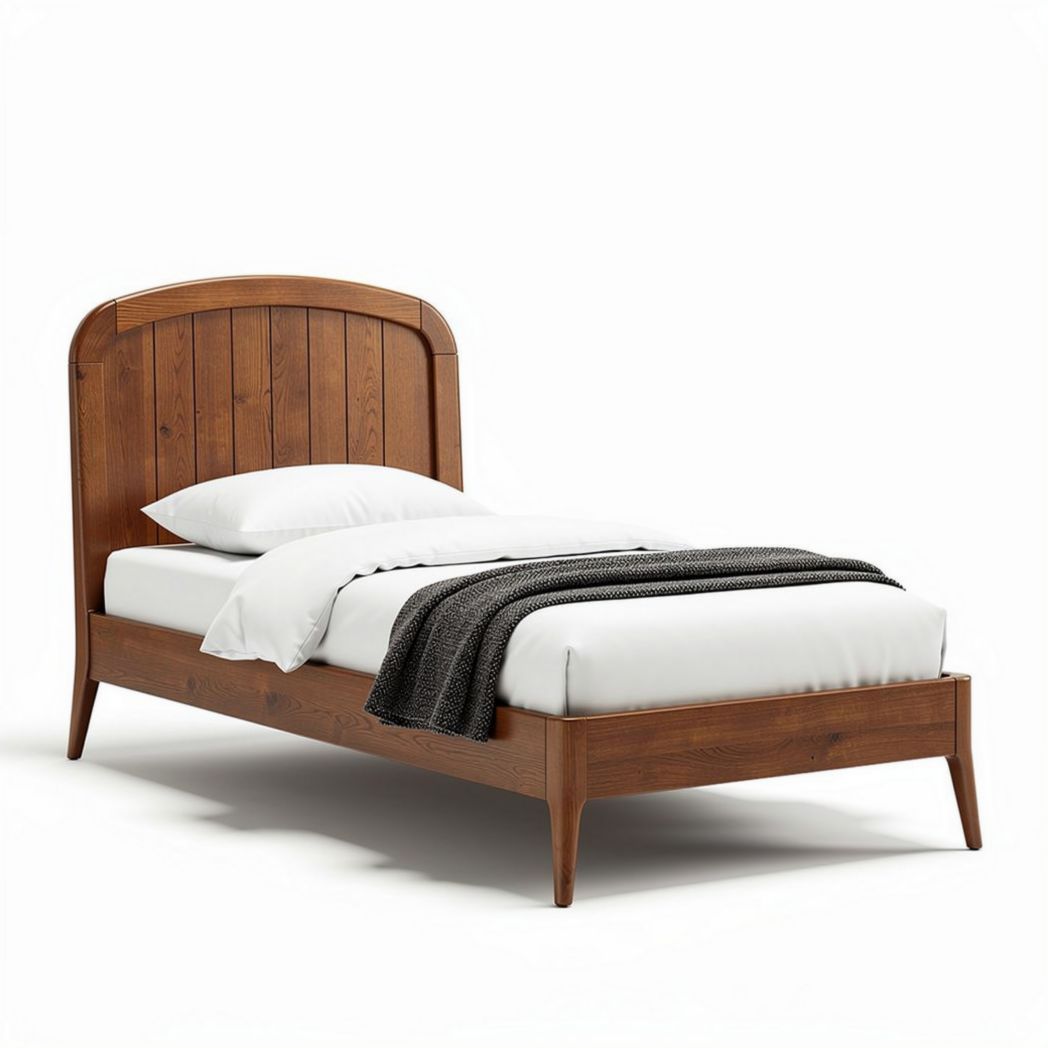 Houten eenpersoonsbed 90 x 200 cm met gestreepte dekbedovertrek in bruin
