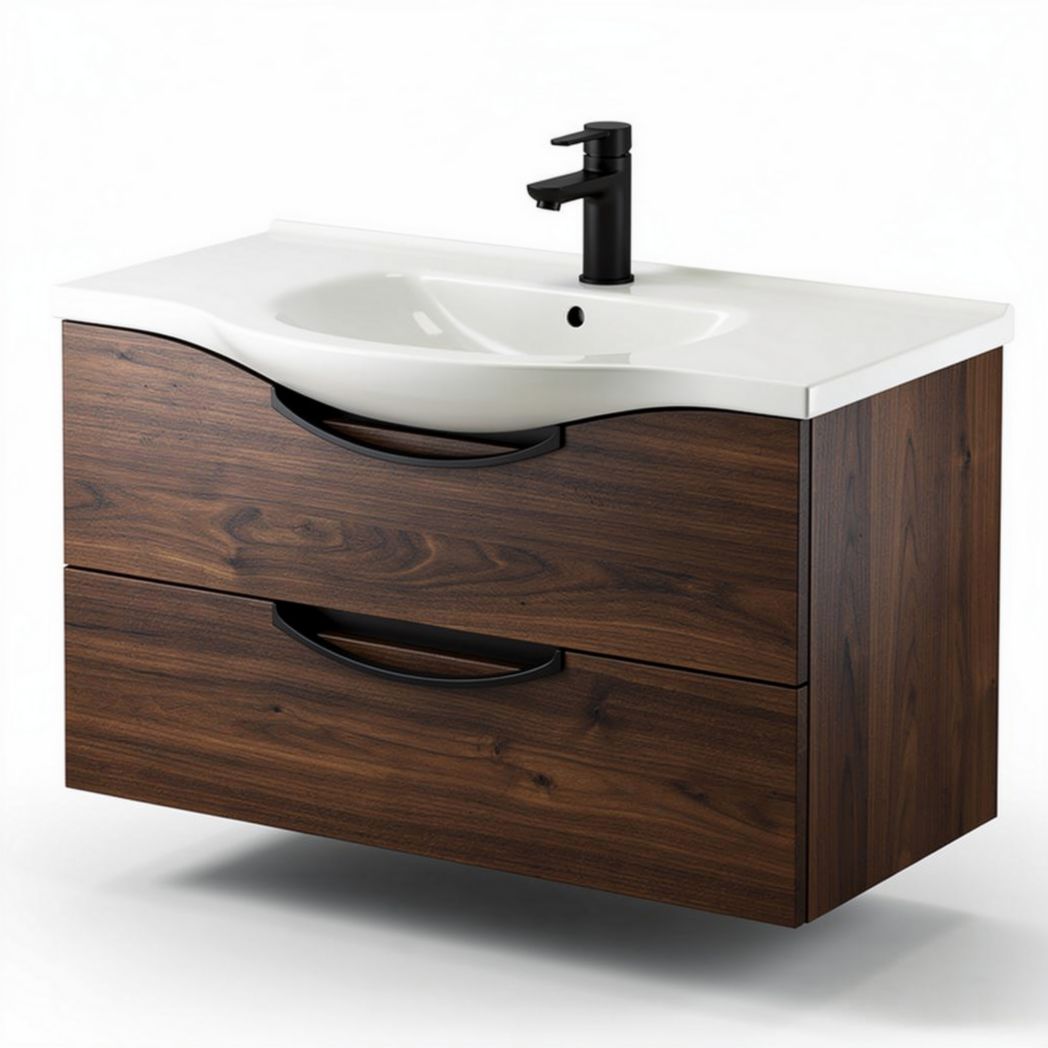 Wastafelmeubel met witte keramische wasbak en twee lades van bruin hout 80 x 50 x 45cm