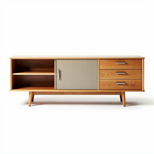 Eiken tv-meubel met schuifdeurtje en drie lades 150 x 40 x 60cm