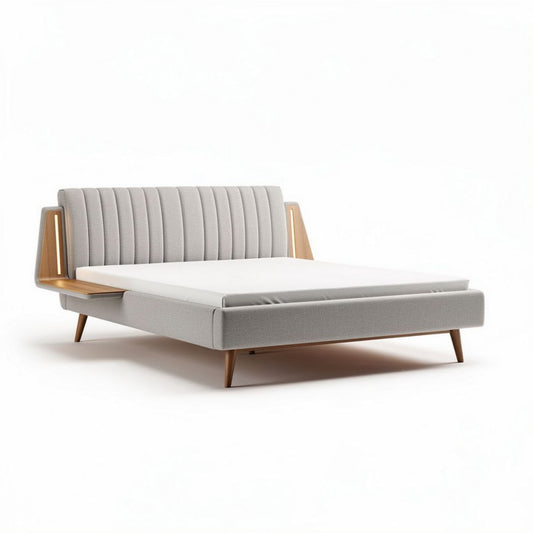 Bedbank met gestreepte rugleuning en houten poten 200 x 160 x 85cm grijskleurig stoffering