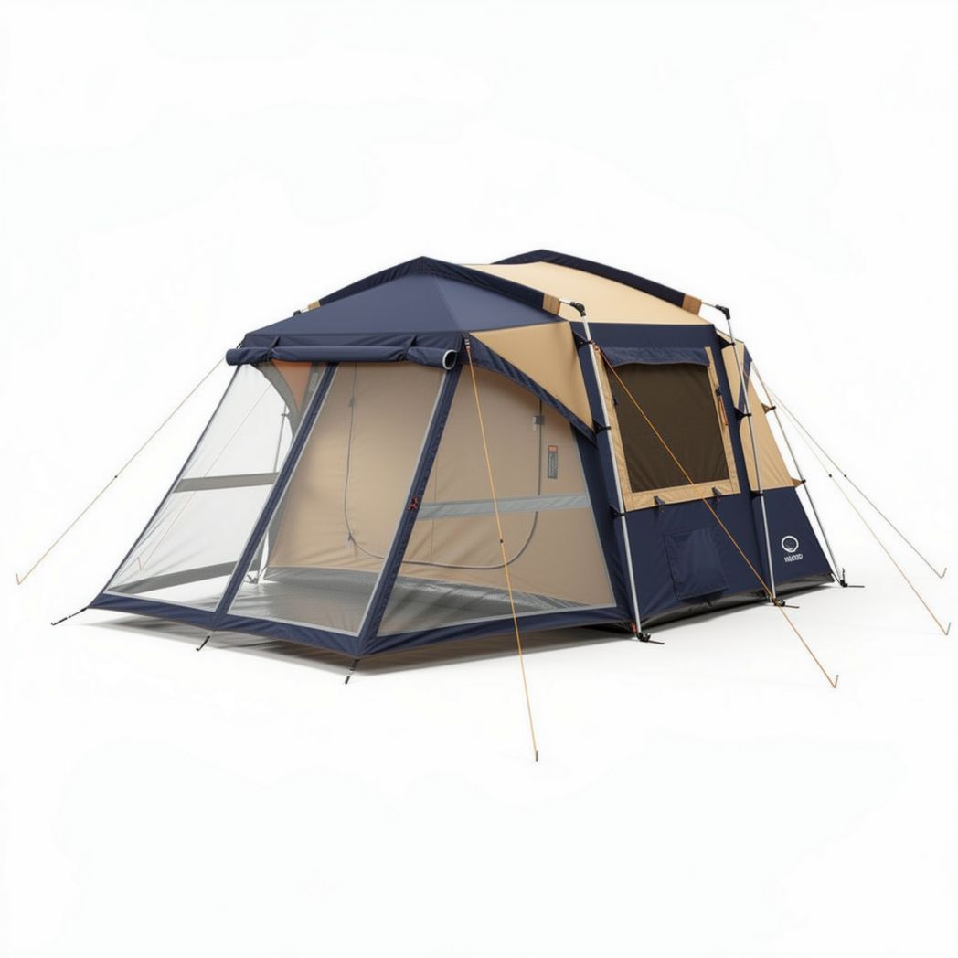 Koepeltent in blauw en beige 300 x 300 x 200 cm voor familiekampen