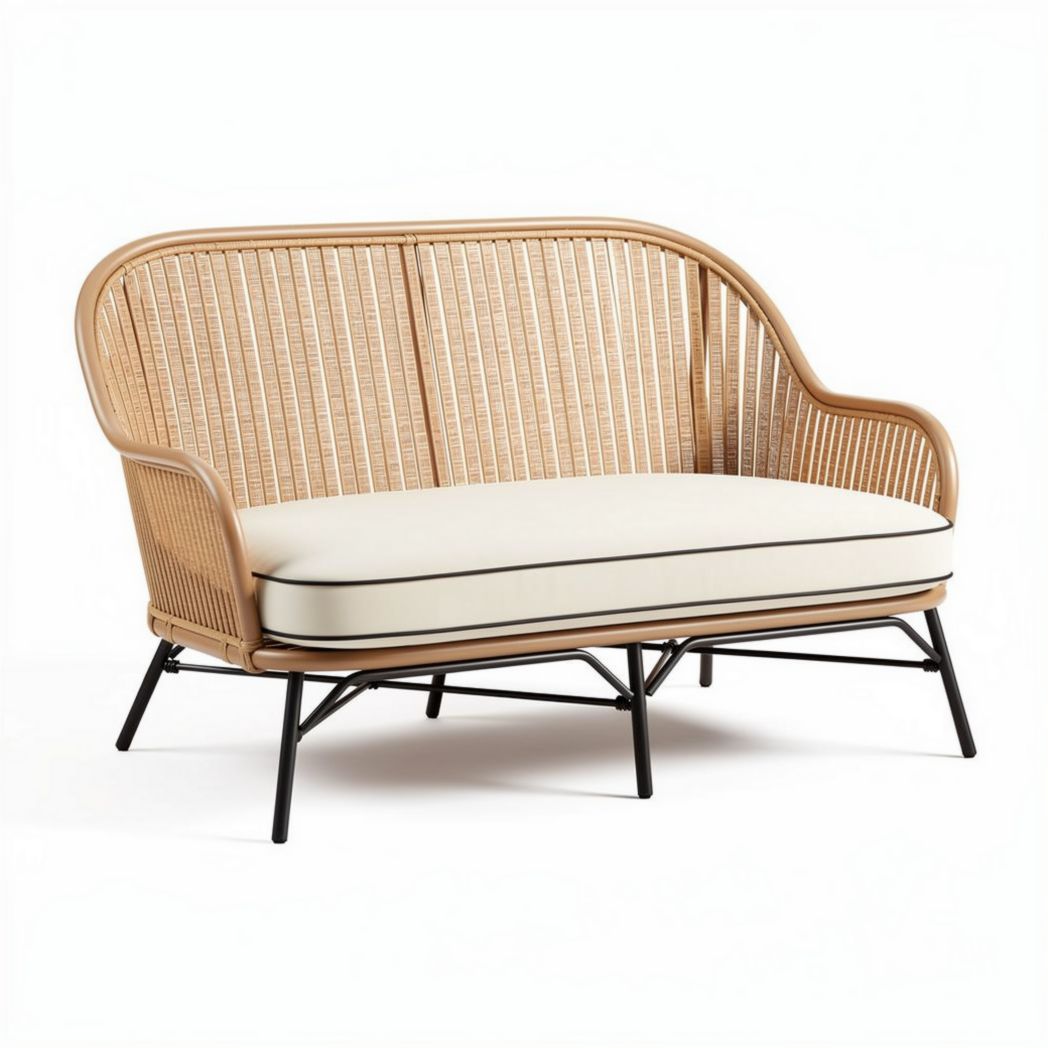 Rieten bank met kussen in crème kleur 130 x 75 x 85 cm
