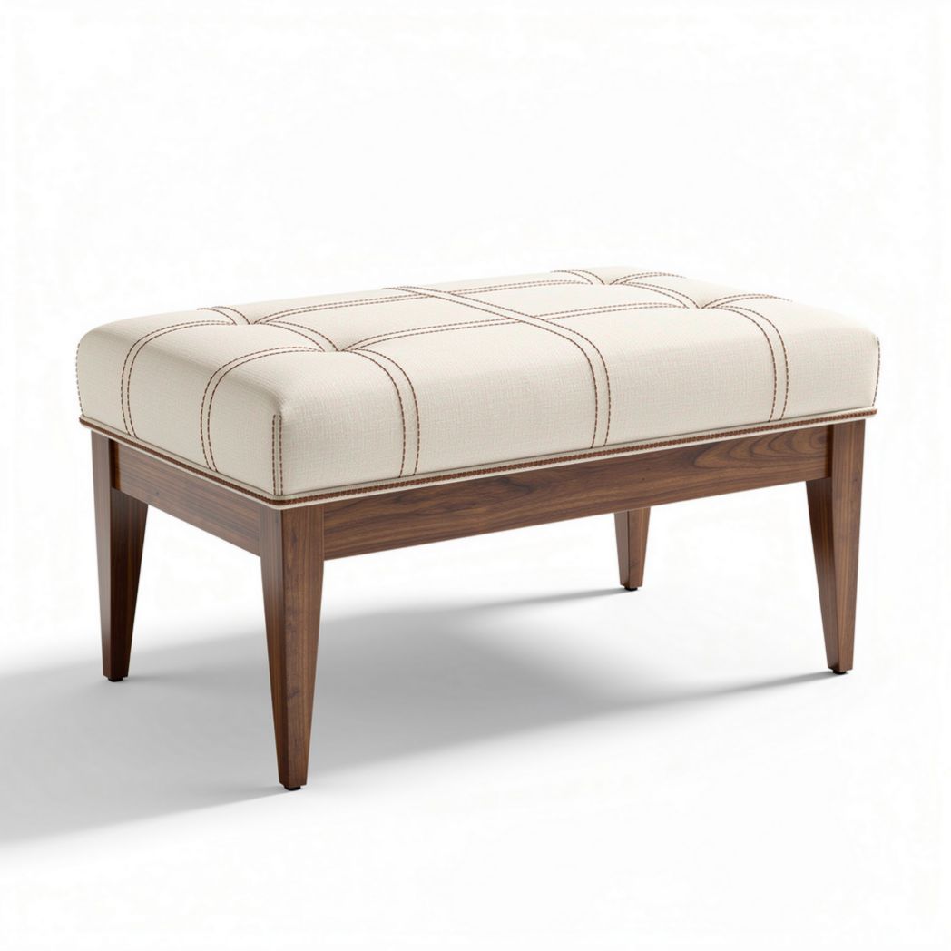 Houten poef met stoffen bekleding en gestikte details 75 x 45 x 40cm