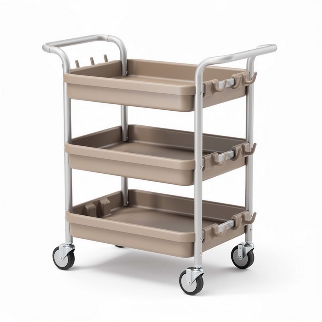 Opvallende multifunctionele cart met drie lagen en wielen in taupe kleur 90 x 40 x 80cm